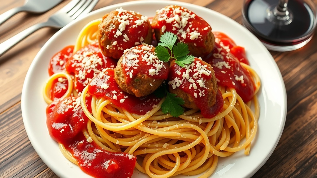 Classic Spaghetti with Meatballs Recipe A delicious plate of spaghetti with meatballs in marinara sauce, garnished with Parmesan cheese and parsley on a wooden table.